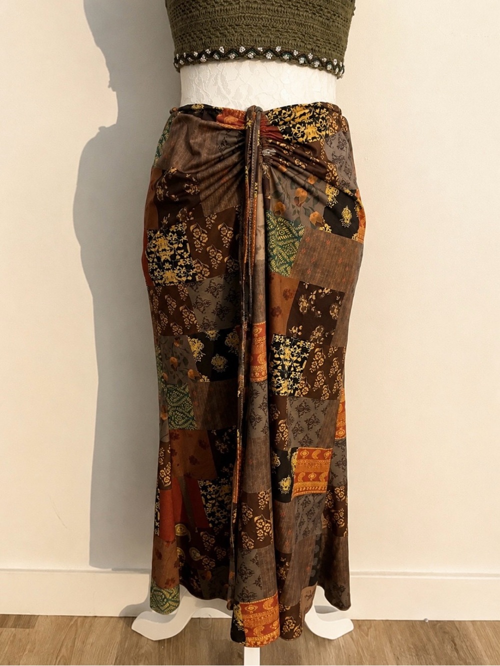 Brown Patchwork Maxi Skirt